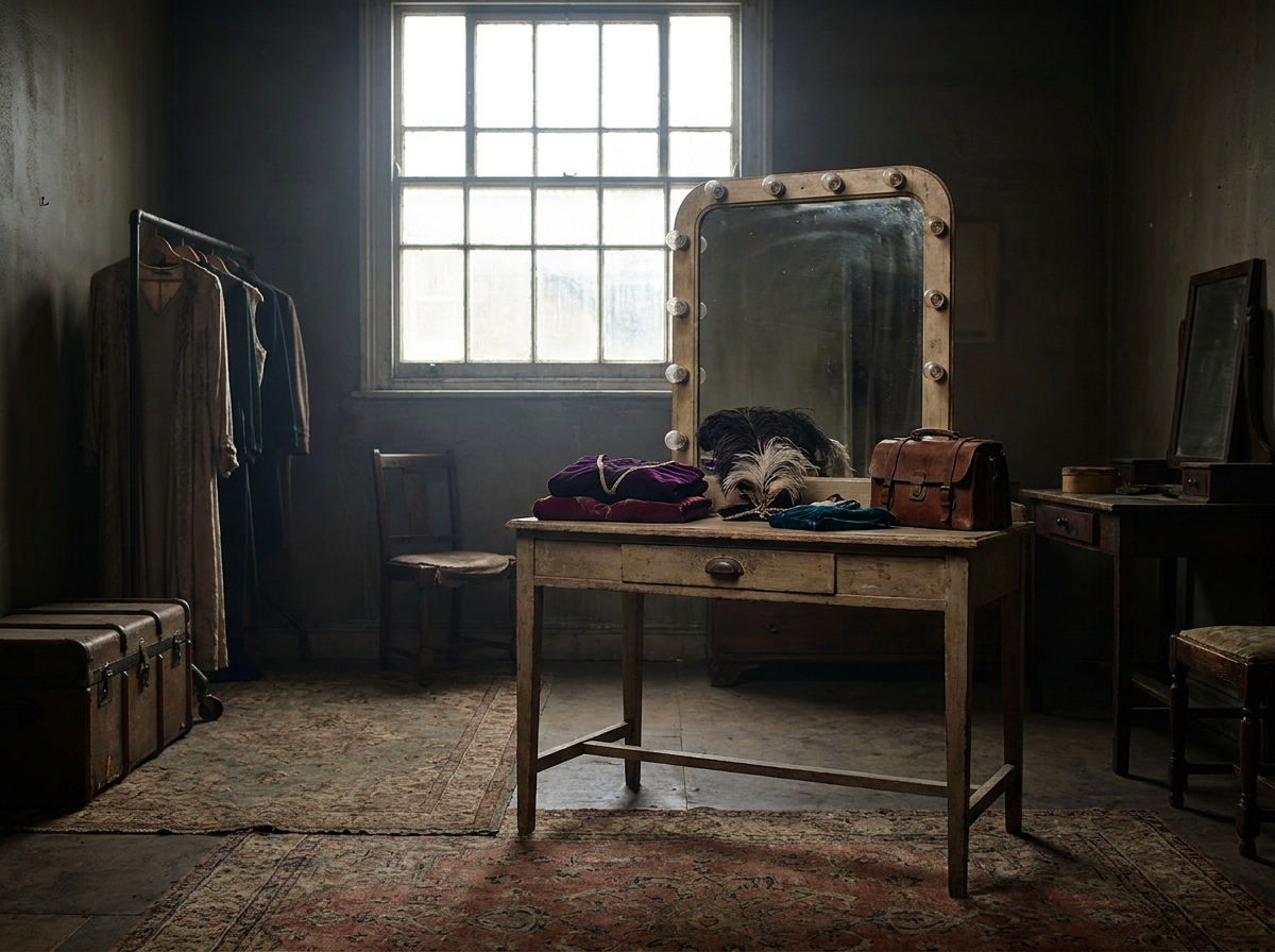 An empty dressing room backstage before an experimental performance, with props on the vanity.