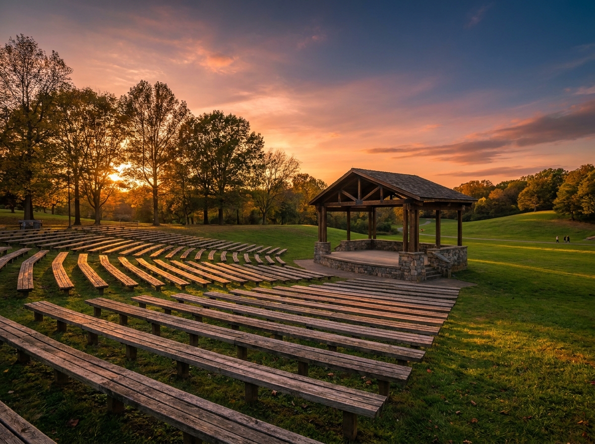 An empty outdoor stage in a park, prepared for a local event in Fairfax.