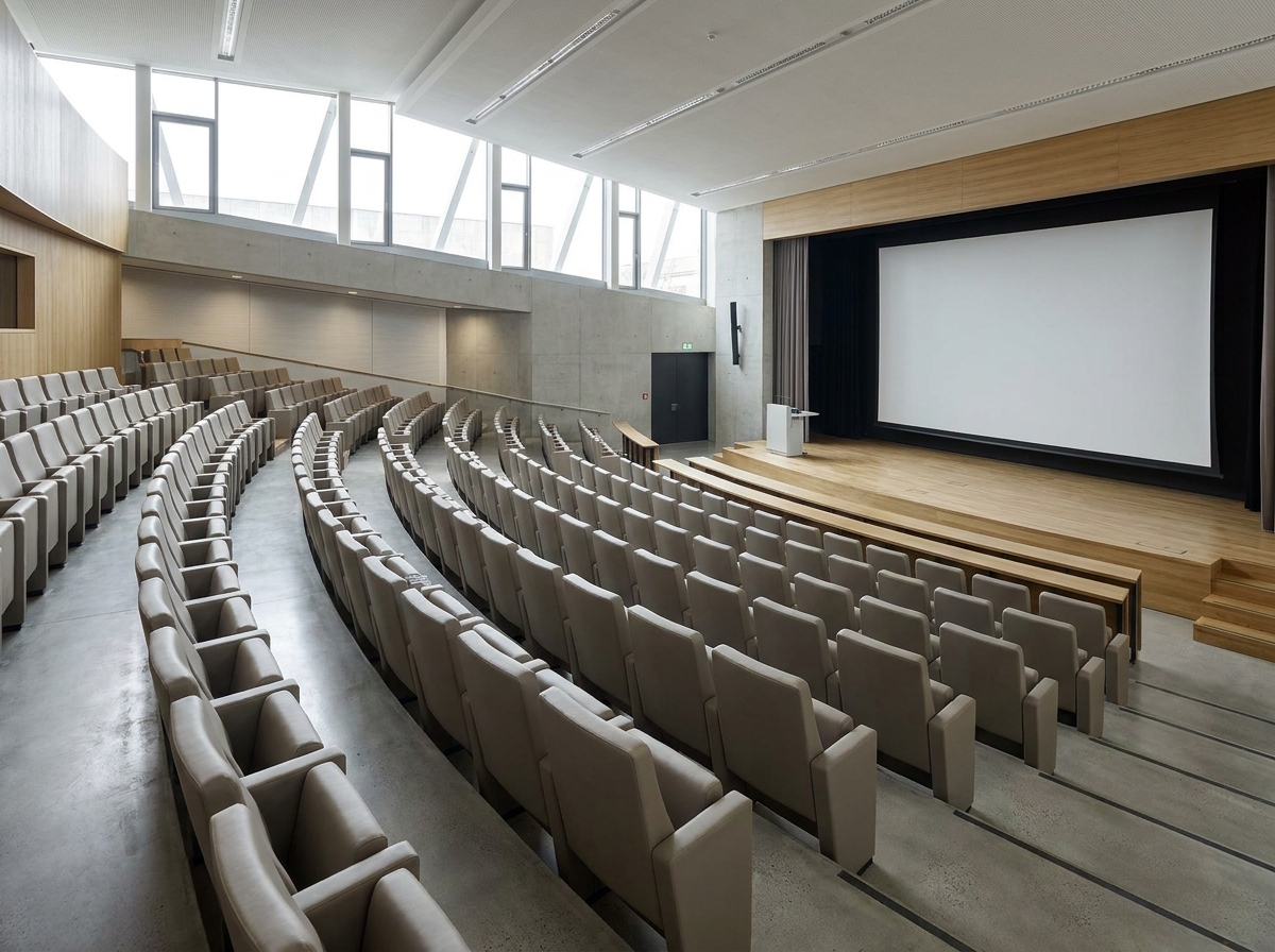 An empty university auditorium in Fairfax, set up for a conference.