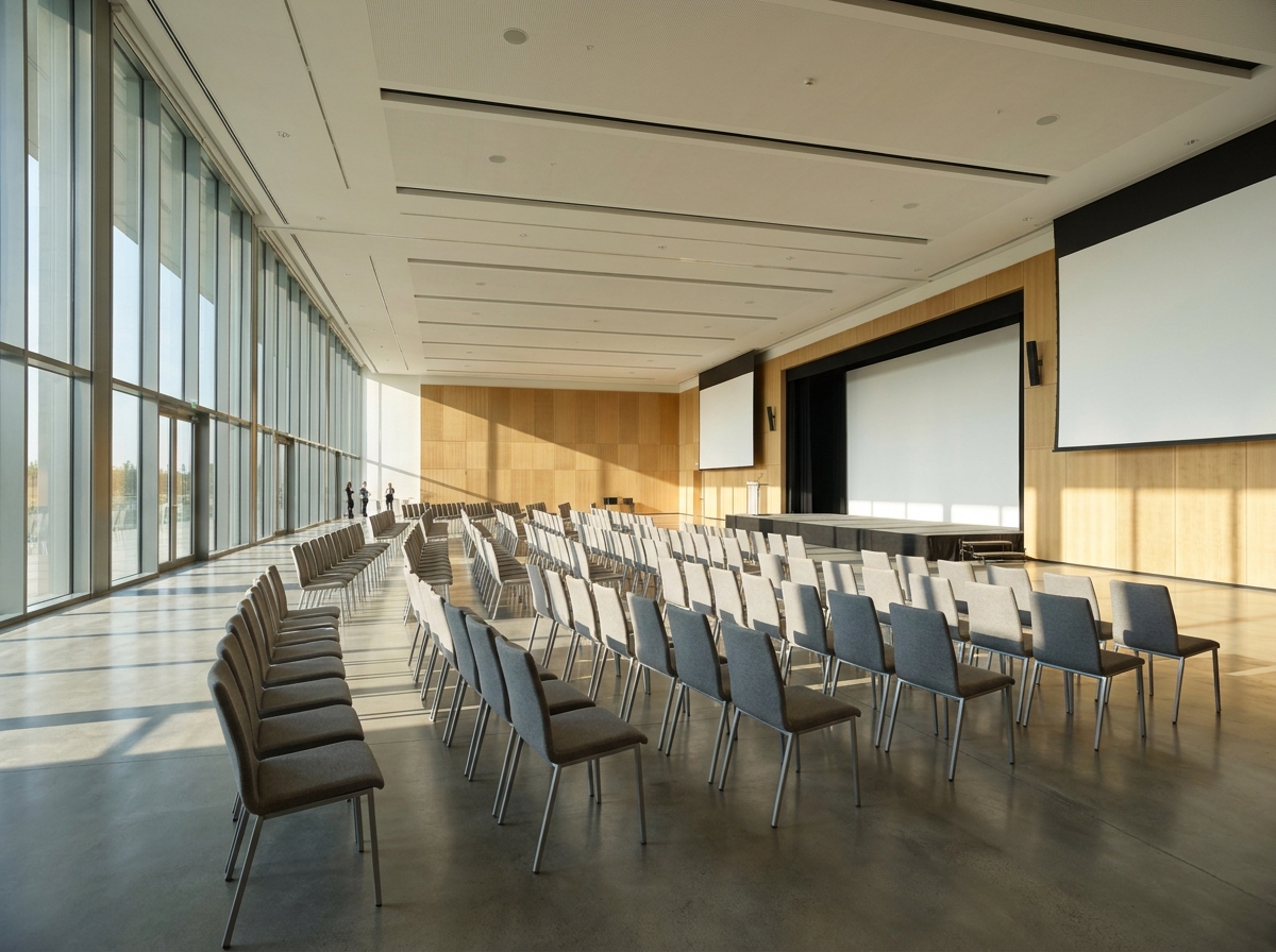 An empty hotel ballroom set up for a professional business event in Fairfax.
