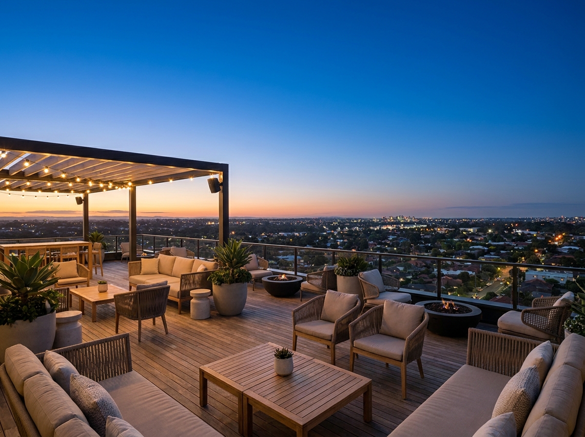 An empty rooftop terrace set for a networking happy hour in Fairfax.