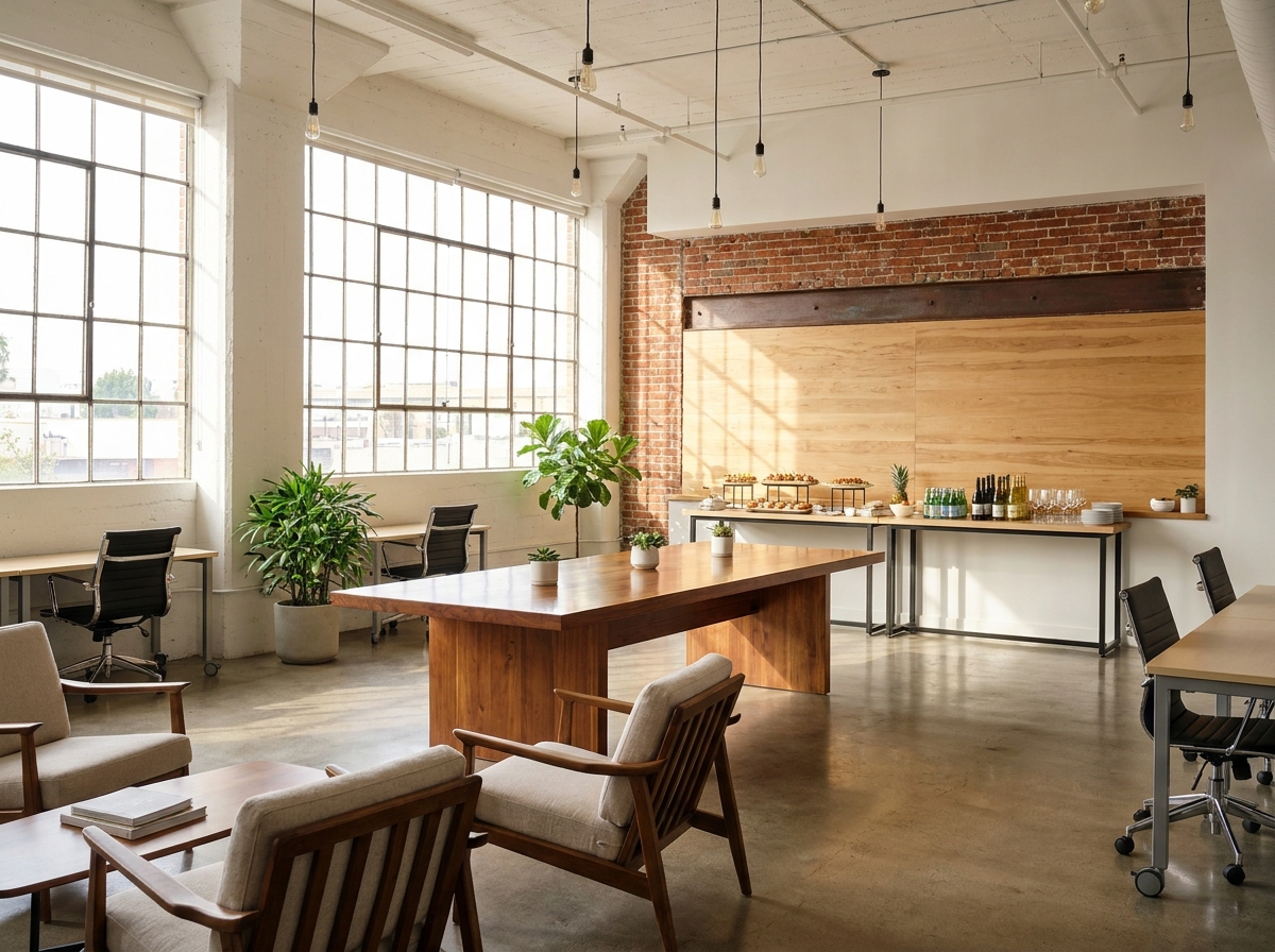 An empty co-working space prepared for a professional networking event.