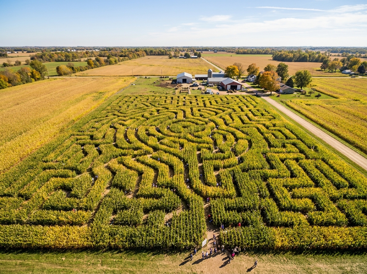 An aerial view of a complex corn maze cut into a field during the fall.