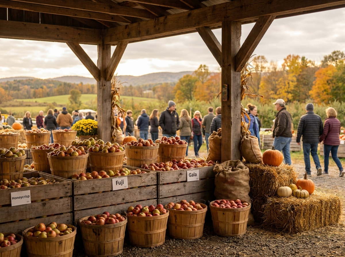 Bushels of red and green apples neatly displayed at an outdoor farm stand.