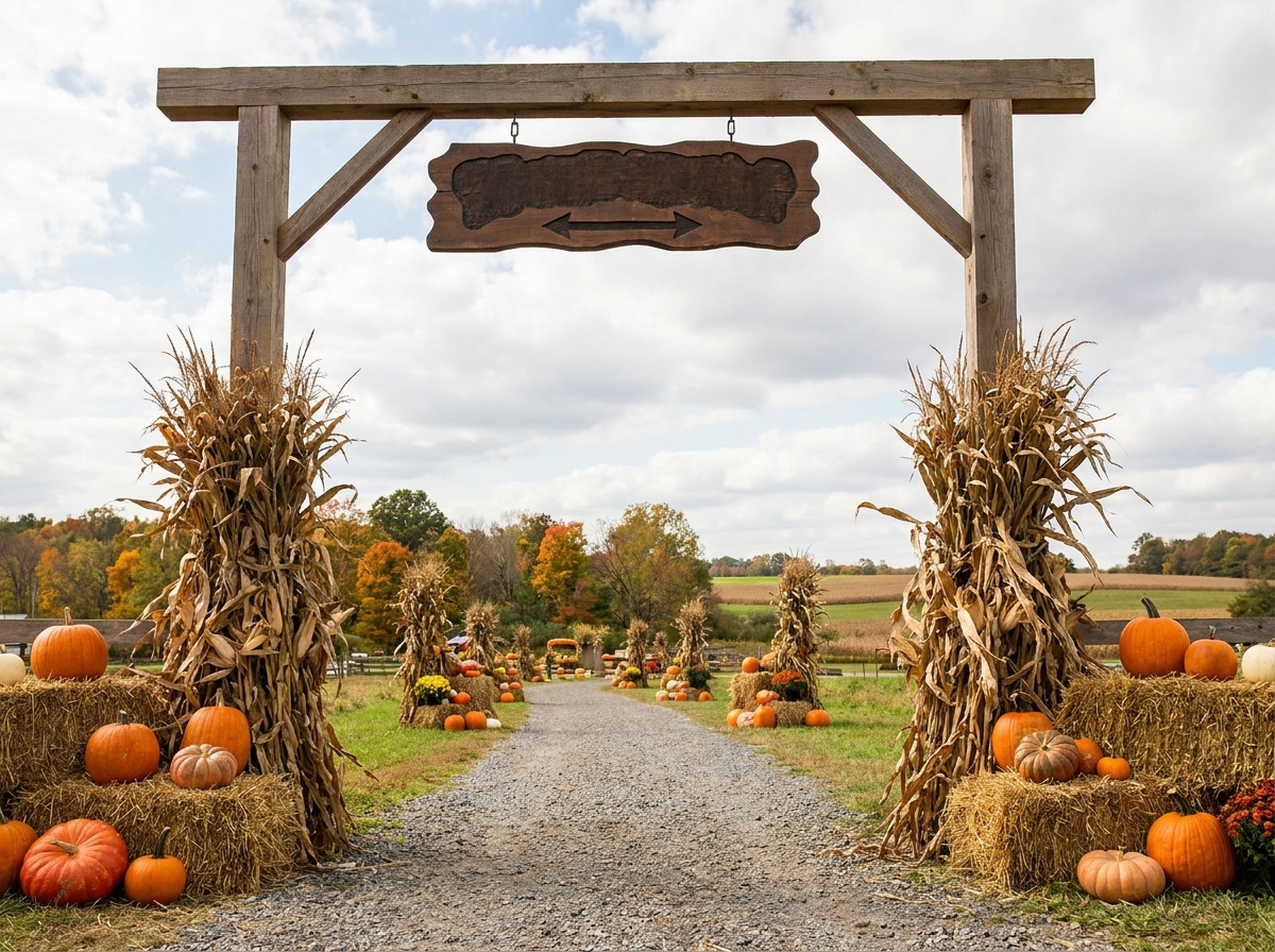 A decorated entrance gate to a fall festival with pumpkins and corn stalks.