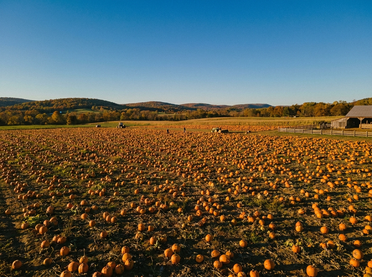 A large pumpkin patch filled with orange pumpkins on a sunny day.