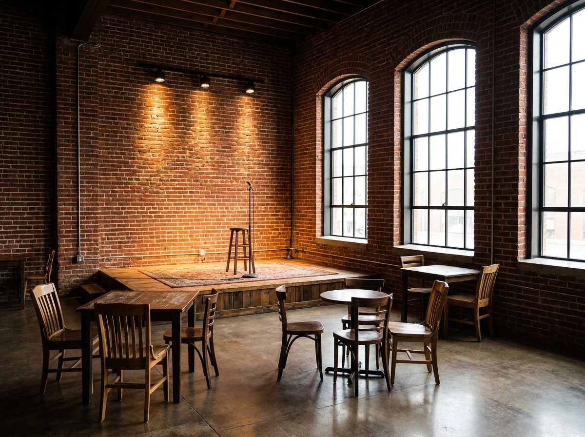 An empty stage at a small performance venue, ready for a Fargo event.