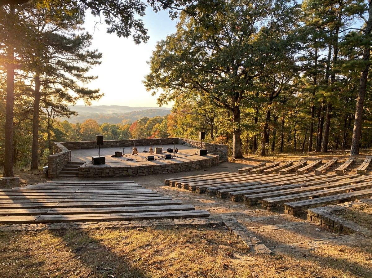 An empty outdoor amphitheater in Fayetteville ready for a show.