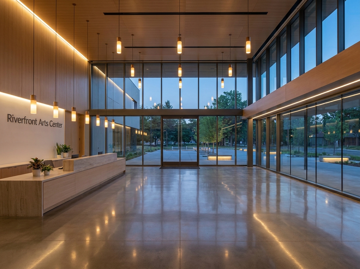 The empty, modern lobby of an event venue ready for a Fayetteville event.