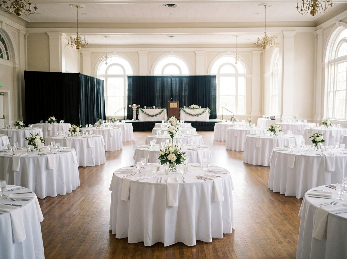 A decorated ballroom prepared for a fundraiser event in Fayetteville.