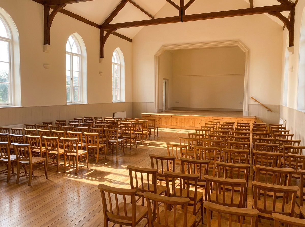 An empty community hall in Fayetteville set up with chairs for a presentation.
