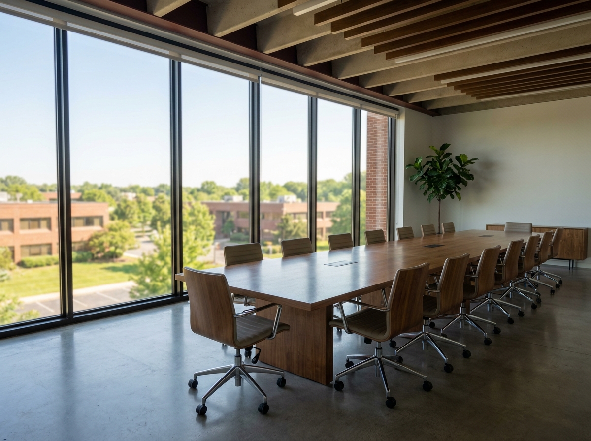 An empty conference room set for a business event in Fayetteville.