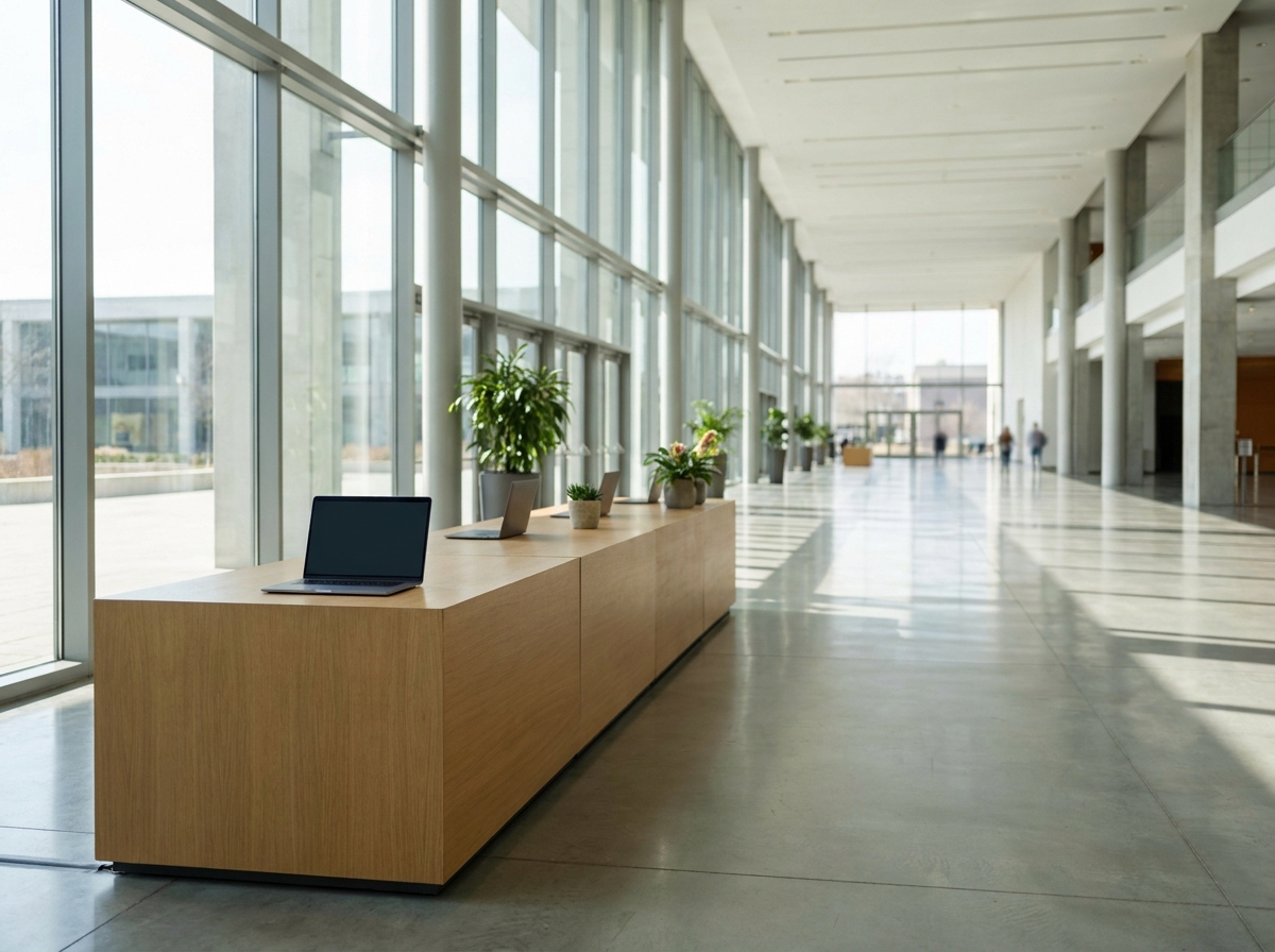 An empty registration desk ready for attendees at a professional event.