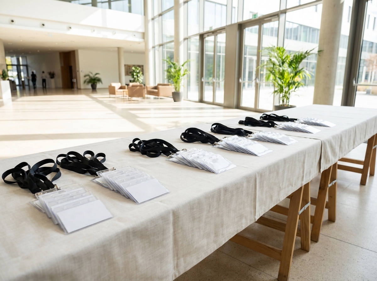 Name badges and lanyards prepared on a table for a networking event.