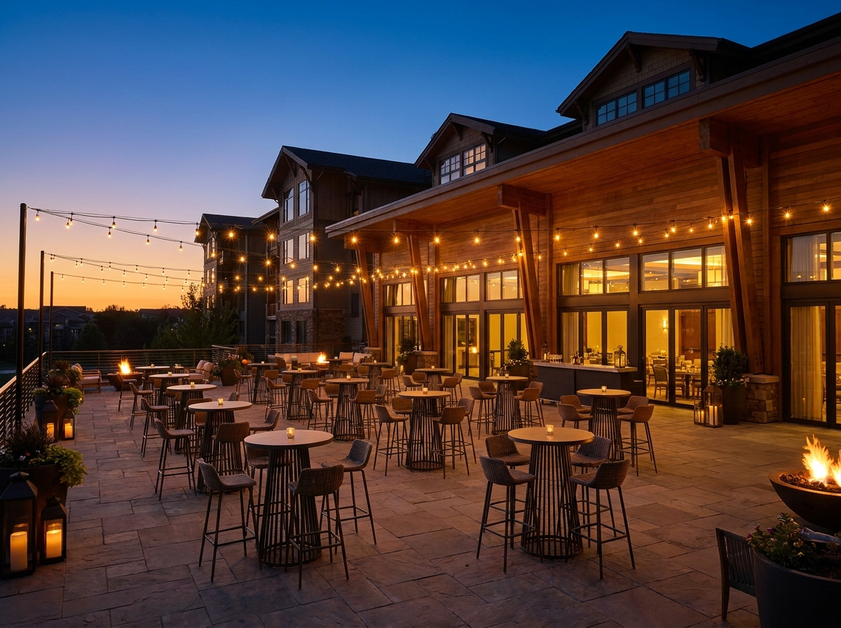 An outdoor patio prepared for an evening networking event in Fayetteville.