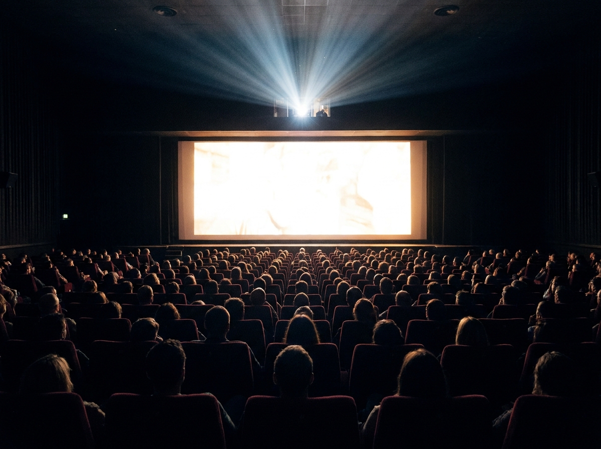 A large audience watching a movie at a film event.