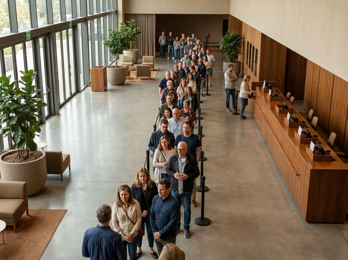 Attendees lined up in a cinema lobby for a film screening.