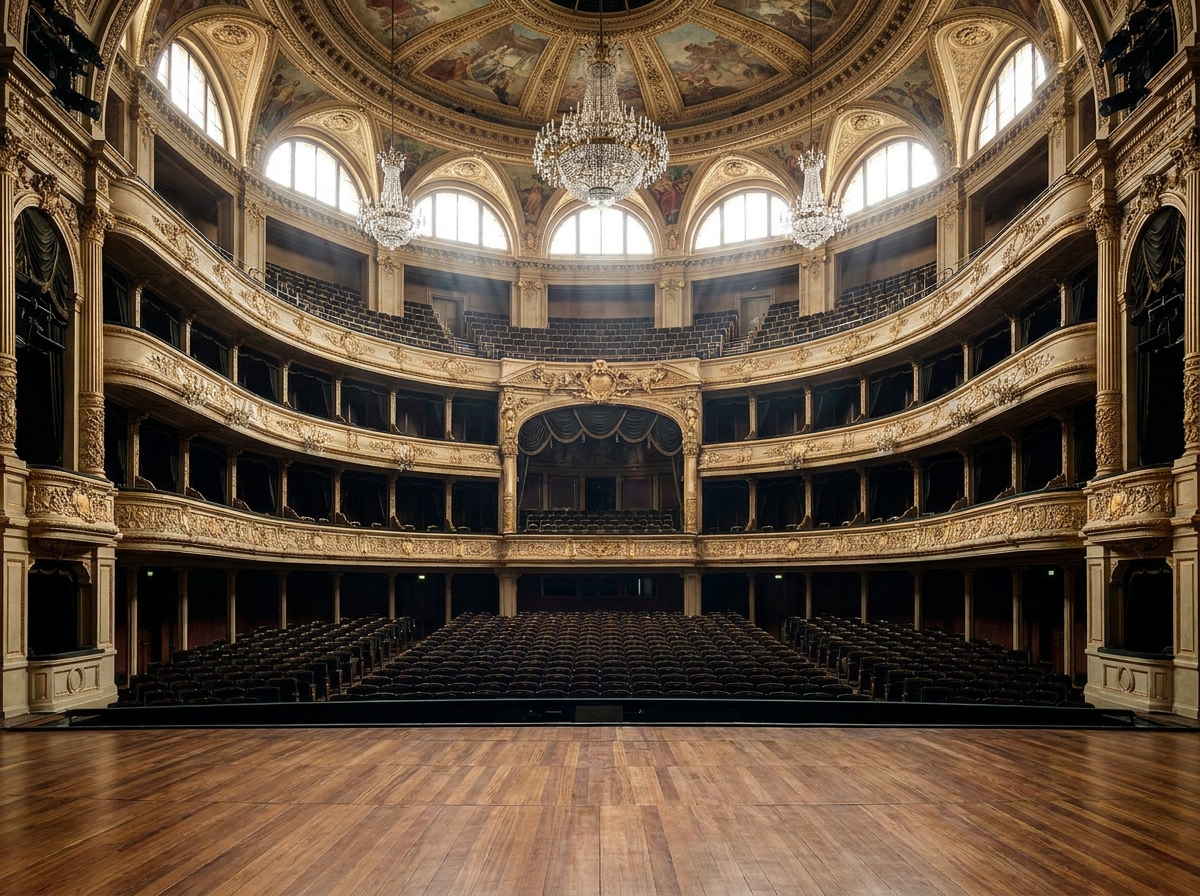 An empty, grand theater prepared for a major film event.