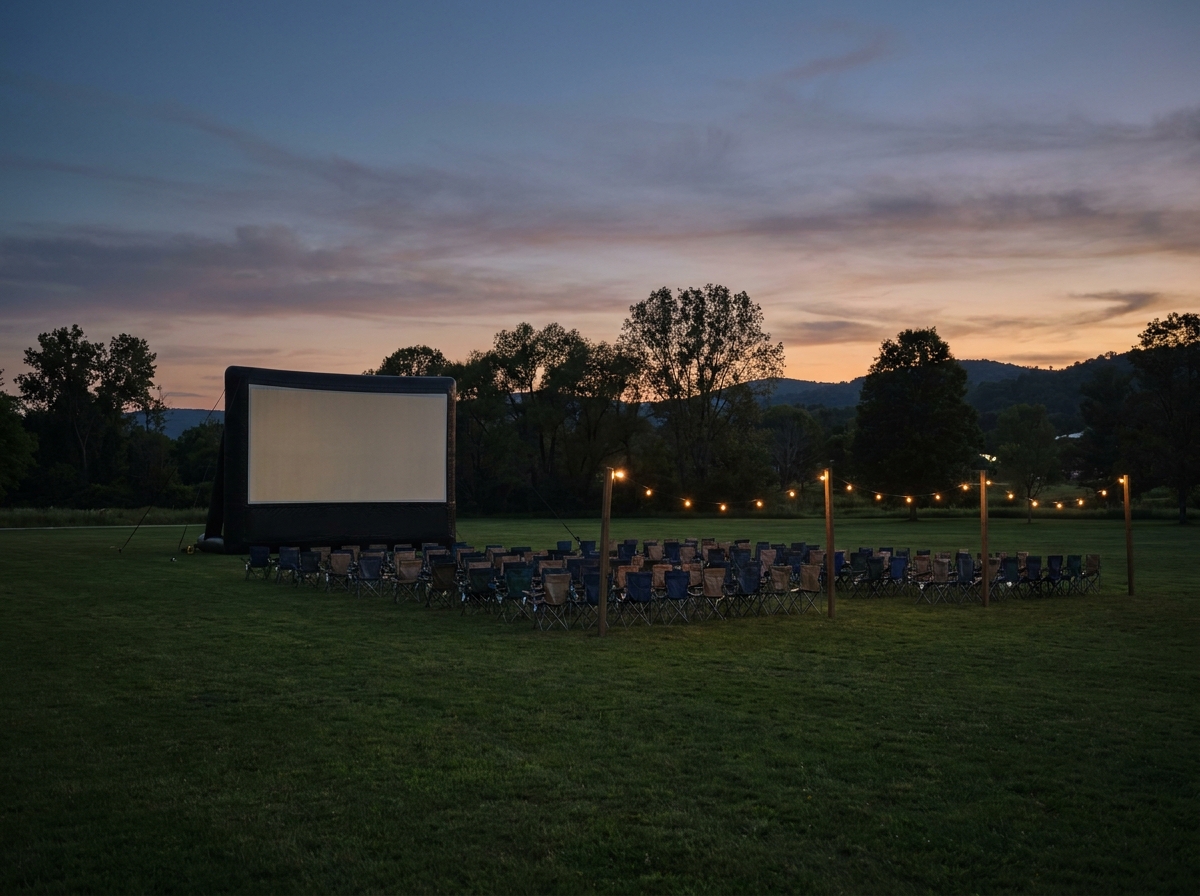 An outdoor film event setup with a large screen and chairs in a park at dusk.