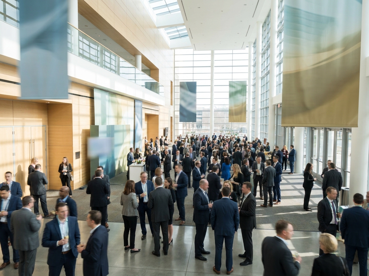 Professionals networking in the sunlit lobby of a convention center during a finance conference.