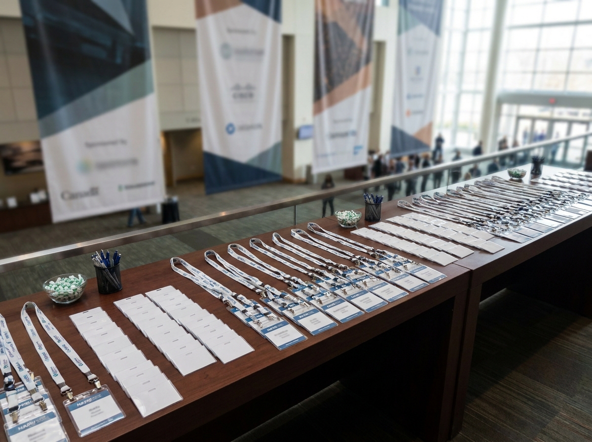 An organized registration desk with badges and lanyards ready for a finance event.