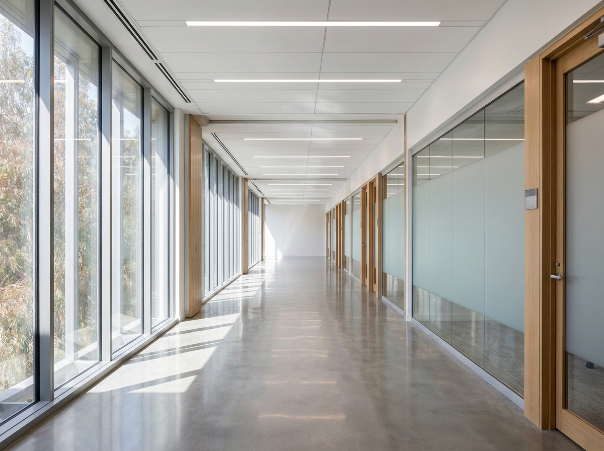 A quiet, modern hallway in a conference center, ready for finance event breakout sessions.