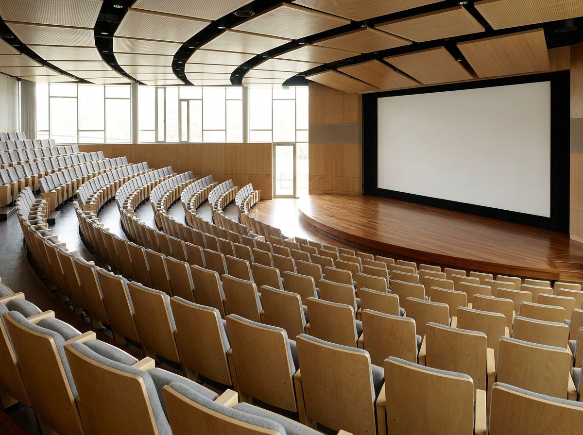 An empty lecture hall prepared for a presentation at a finance seminar.