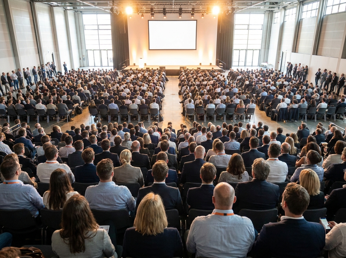 A large audience at an investing seminar, viewed from the back of the room.