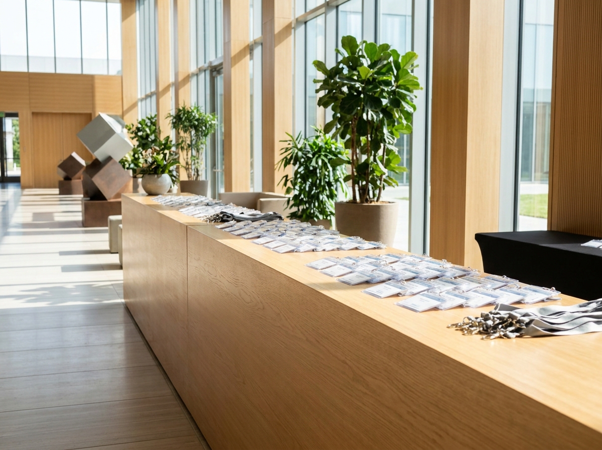 An organized registration desk at a professional venue for a financial workshop.