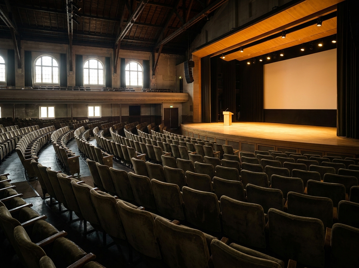 An empty auditorium before the start of a large investing seminar.