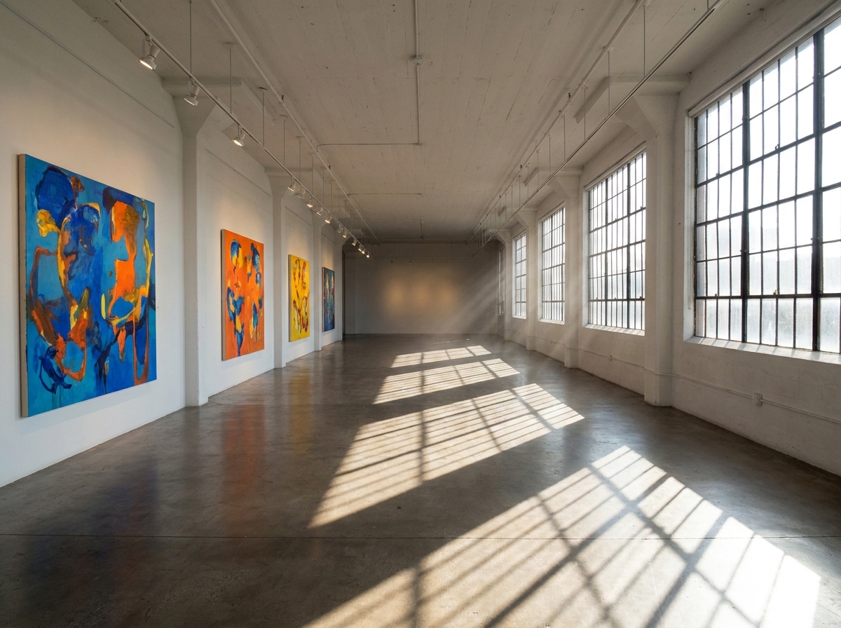A bright, empty art gallery with colorful paintings, ready for a fine art event.