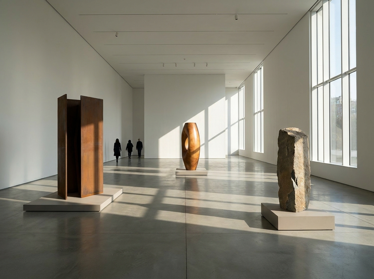 Modern sculptures on display in a quiet gallery space during a fine art show.