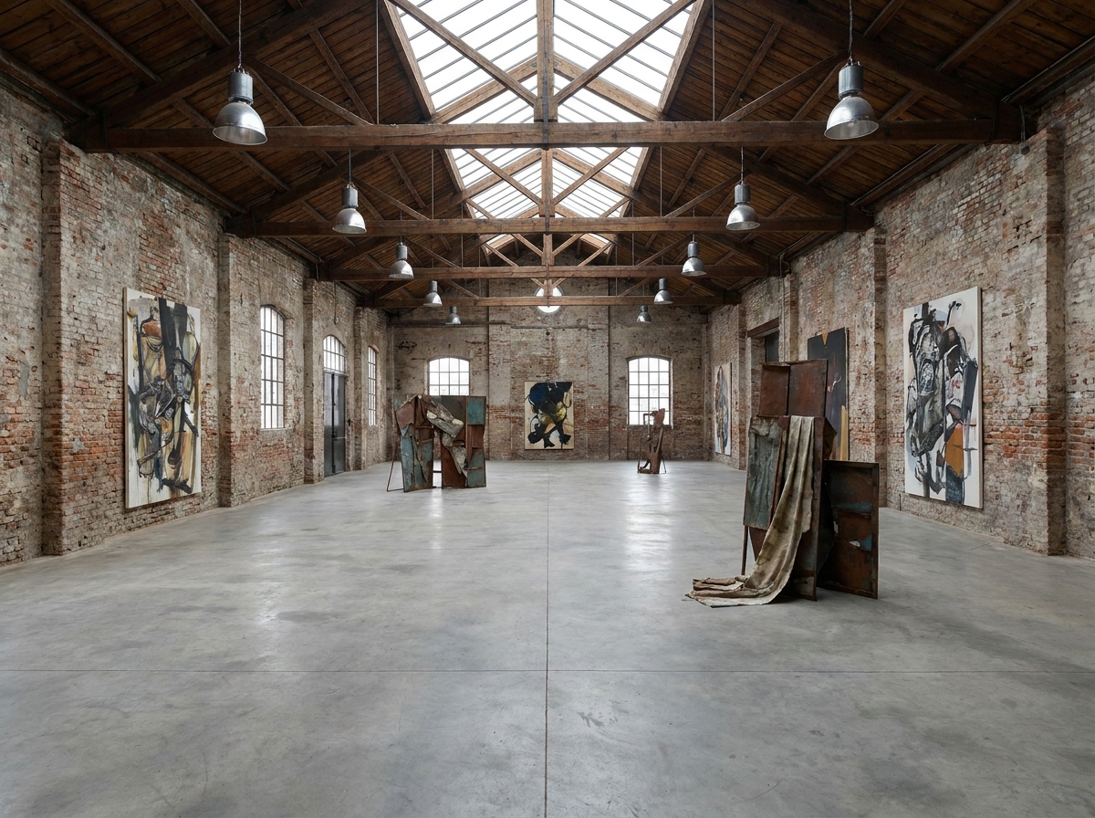 An industrial-style art gallery set up for a fine art event.