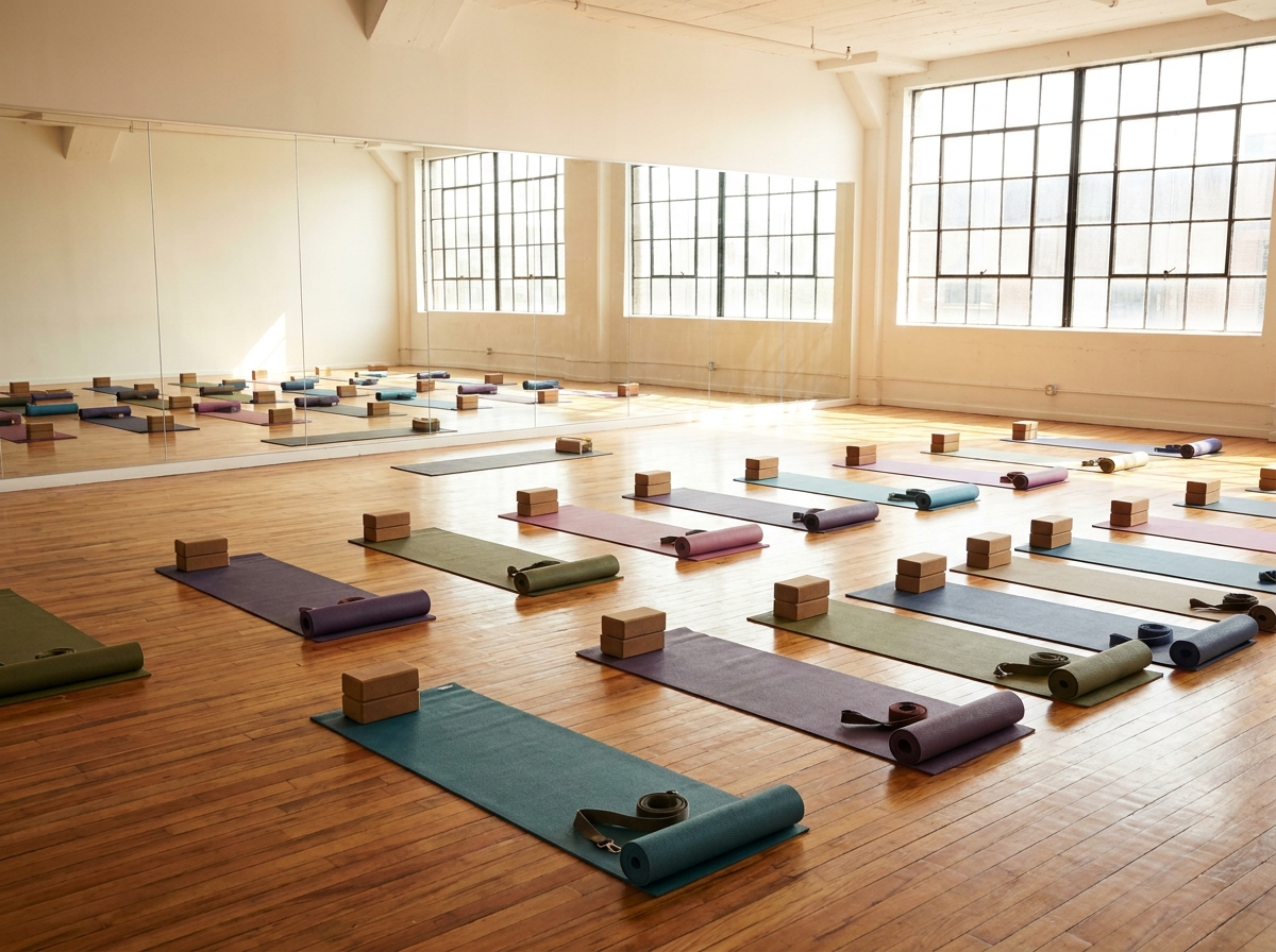 An empty fitness studio prepared for a yoga class.
