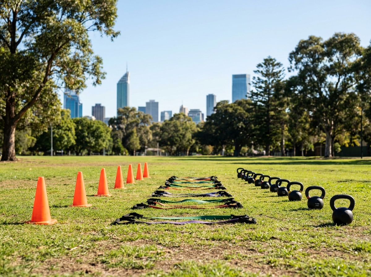 Equipment for an outdoor fitness class set up in a park.