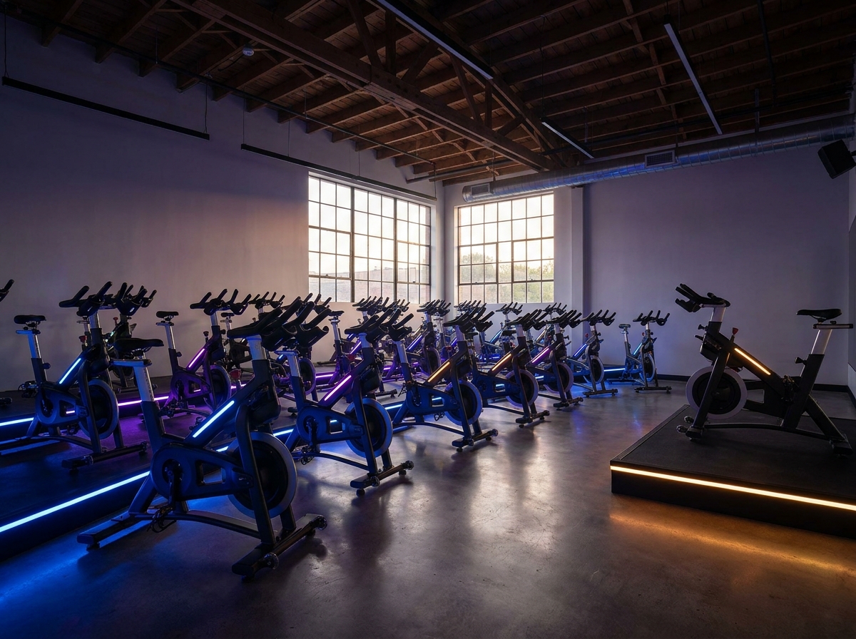 An empty, modern spin studio with stationary bikes.