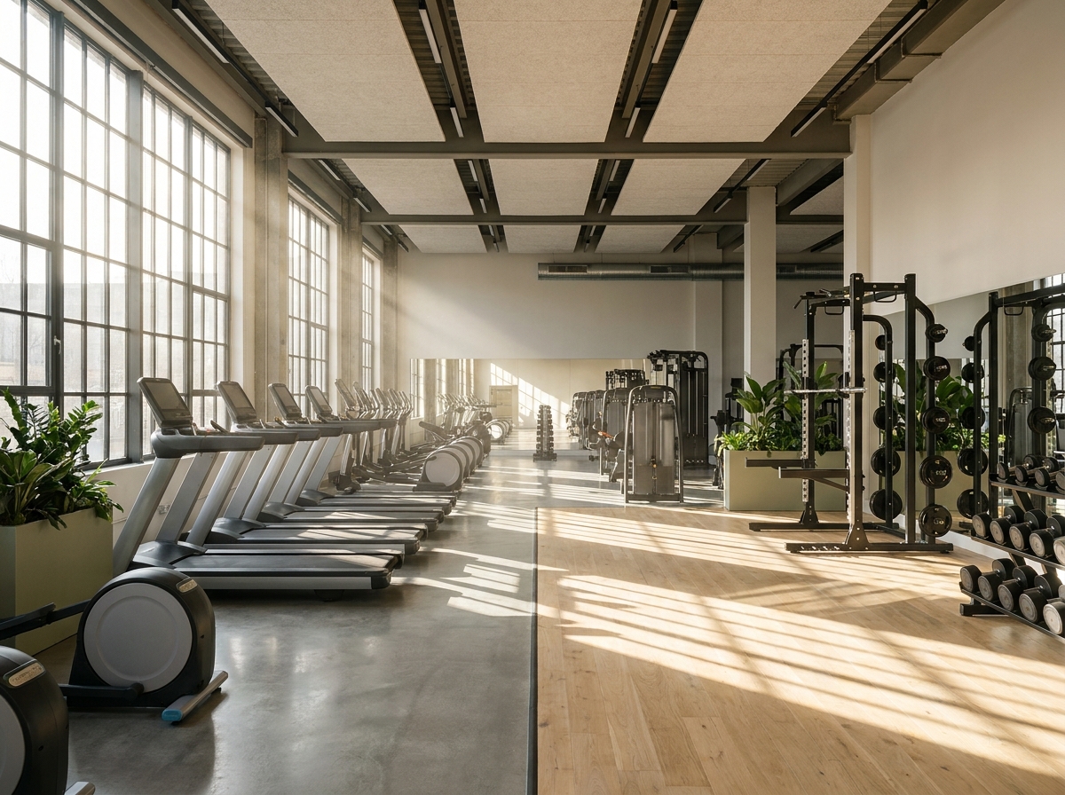 An empty modern gym with workout equipment ready for a fitness class.