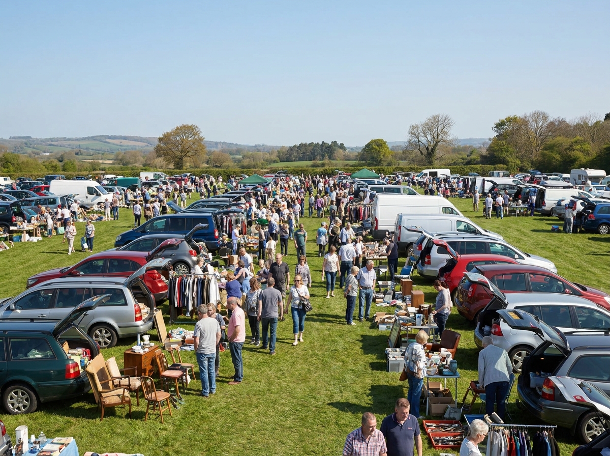 A sunny car boot sale with many cars and people browsing goods.