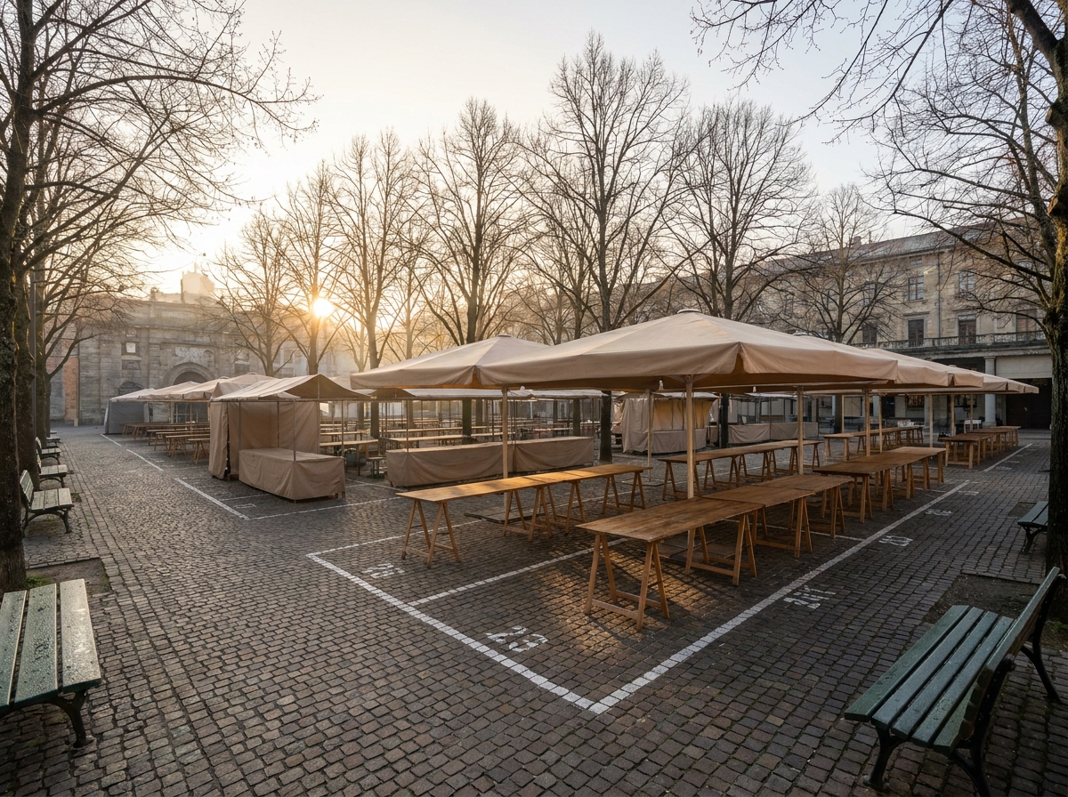 An empty flea market area with marked stalls, ready for vendors to set up.