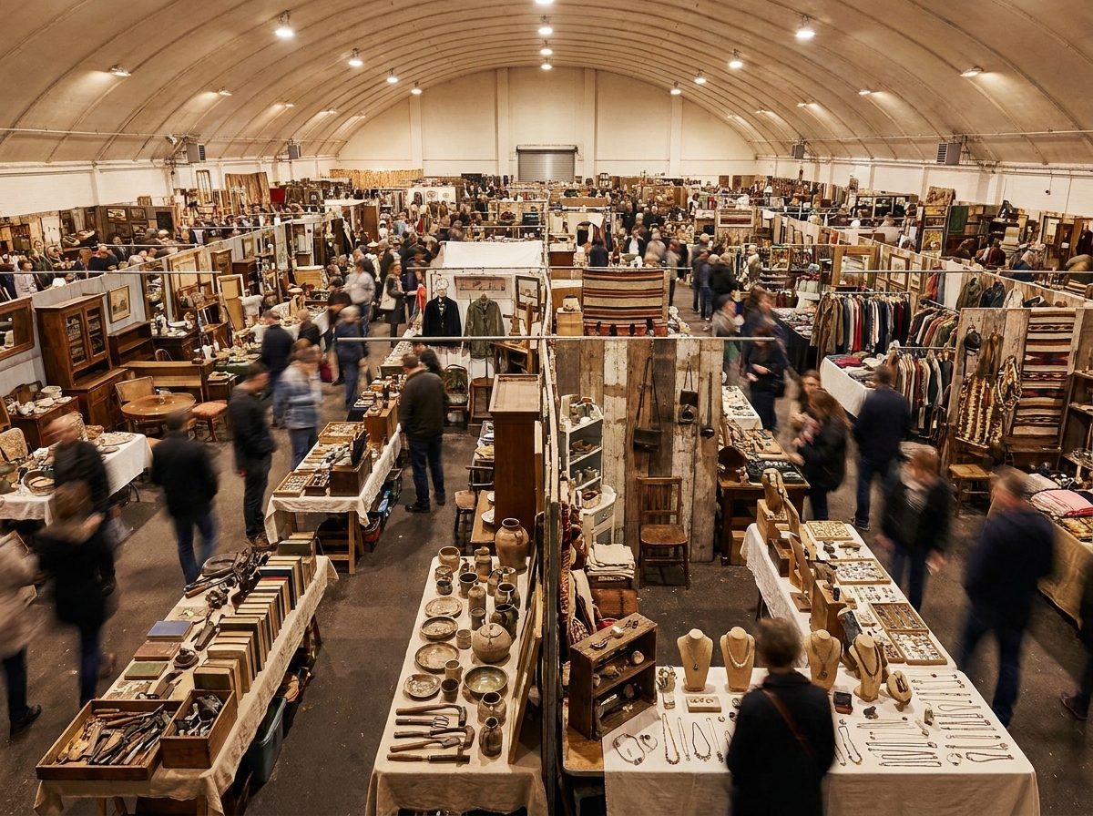 A variety of vendor stalls inside a large hall at a flea market.