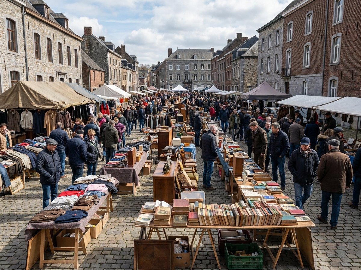 A community flea market in a town square with people browsing stalls.