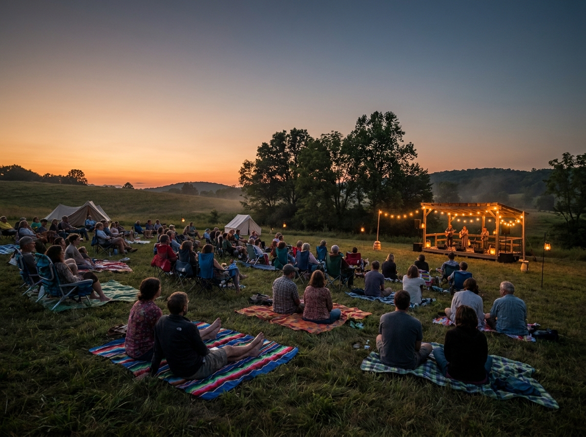 A crowd of people enjoying an outdoor folk music event at sunset.