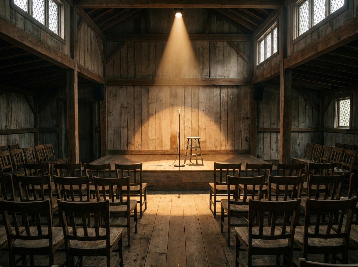 An empty, intimate venue with a stage set for a folk performance.