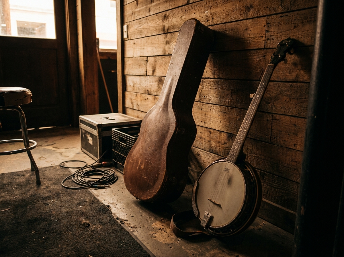A guitar and banjo case backstage, ready for a folk music event.