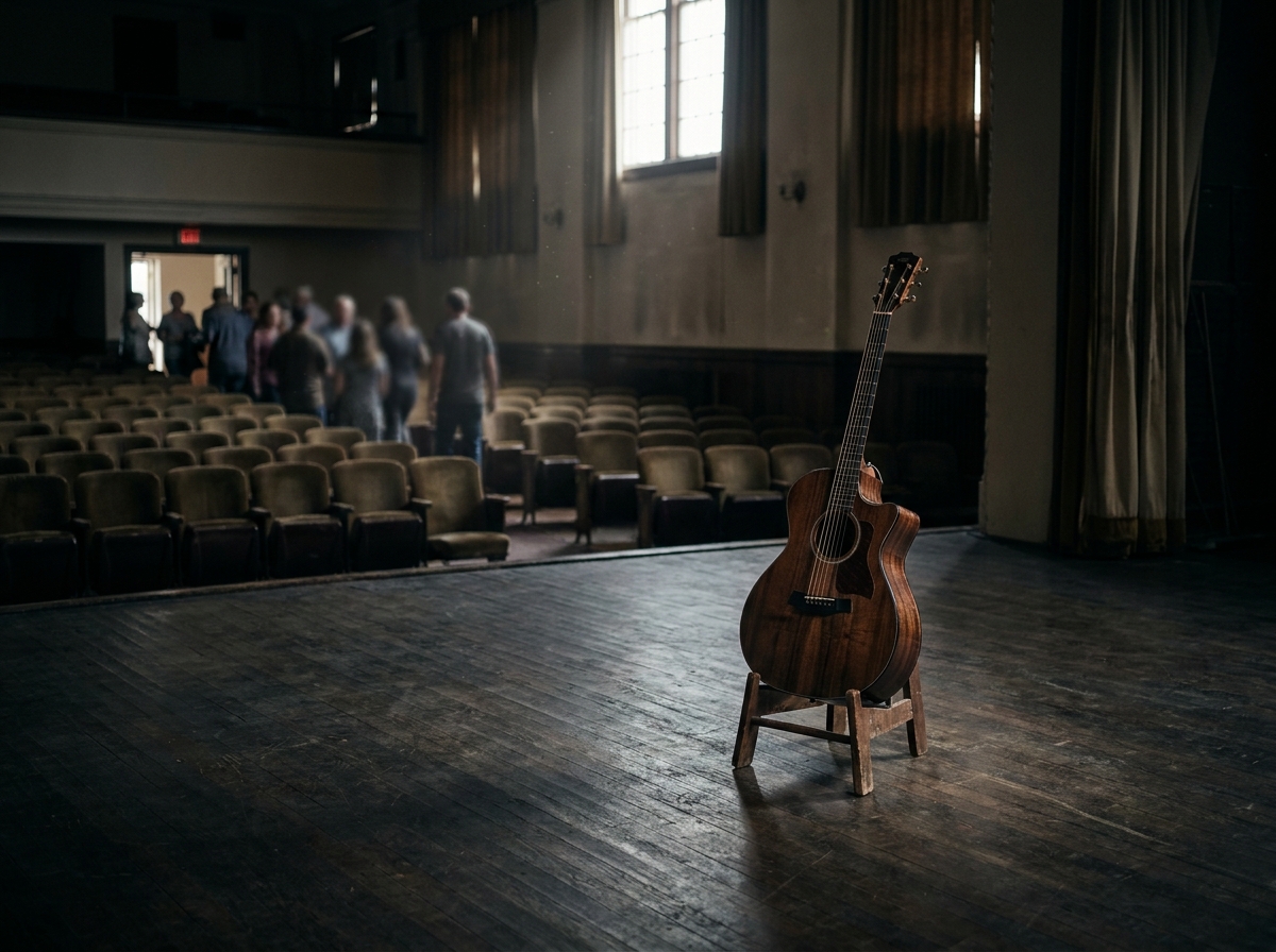 An acoustic guitar on a stand on stage, symbolizing a folk event.