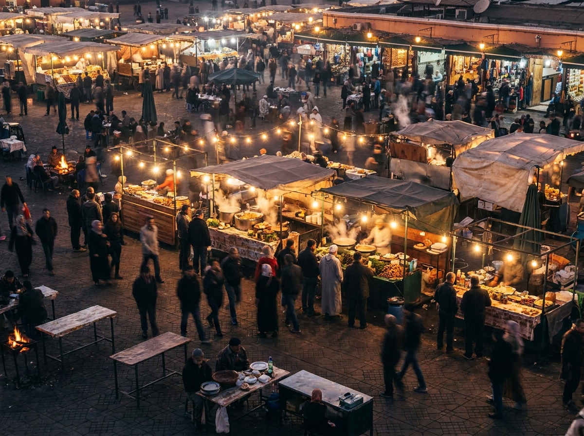 A crowd of people enjoying a vibrant night market food event.