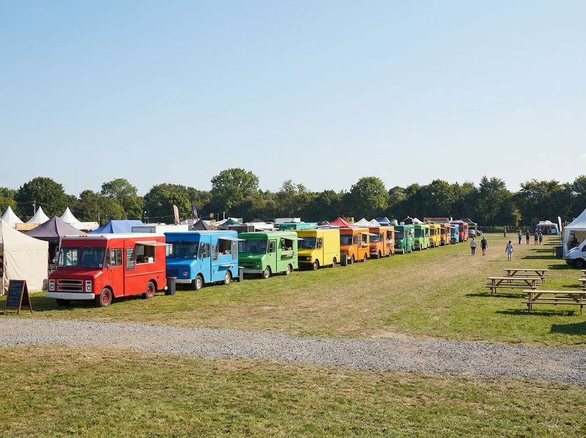 A lineup of diverse food trucks preparing for a food event.