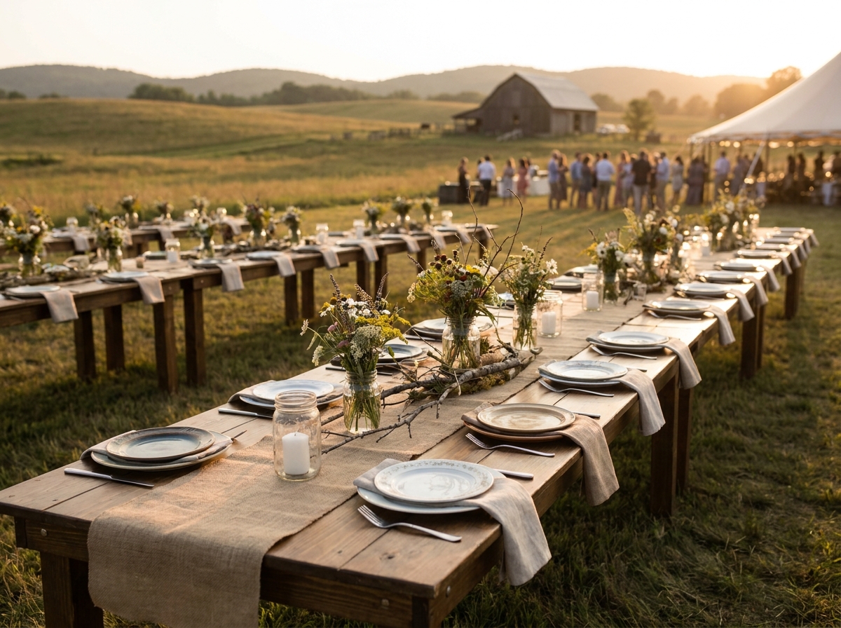 A long, elegantly set table for an outdoor food event at sunset.