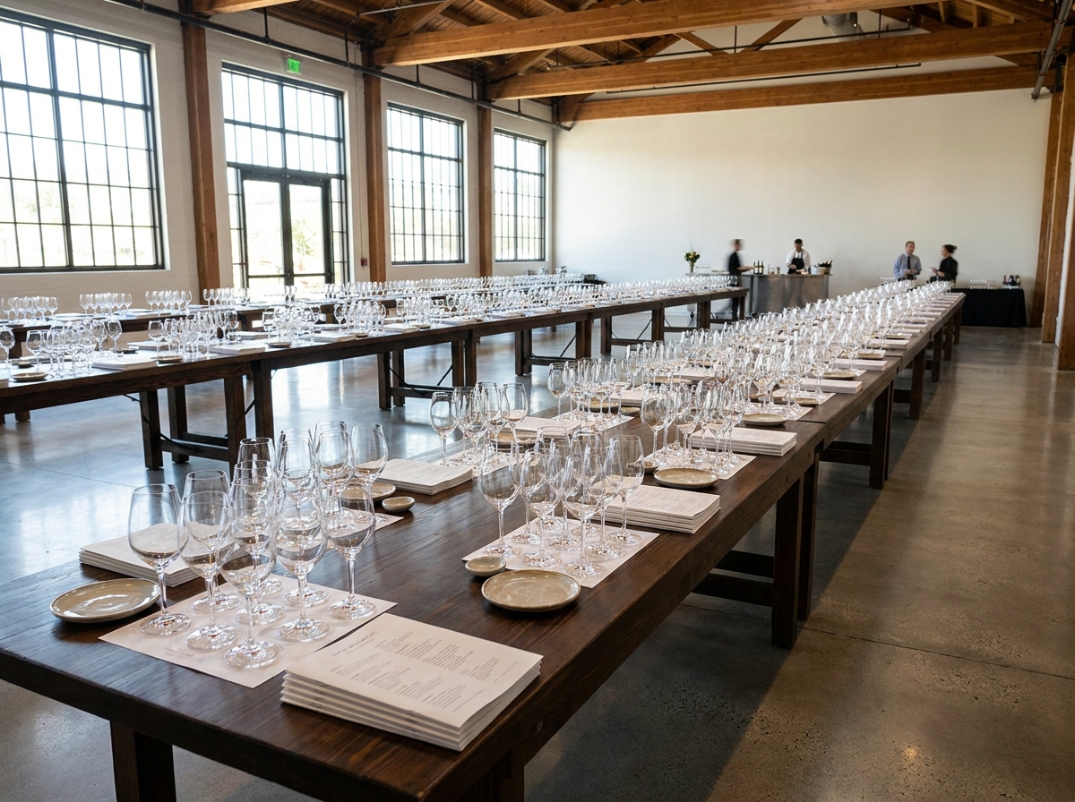 An empty tasting hall with tables set up for a large food event.