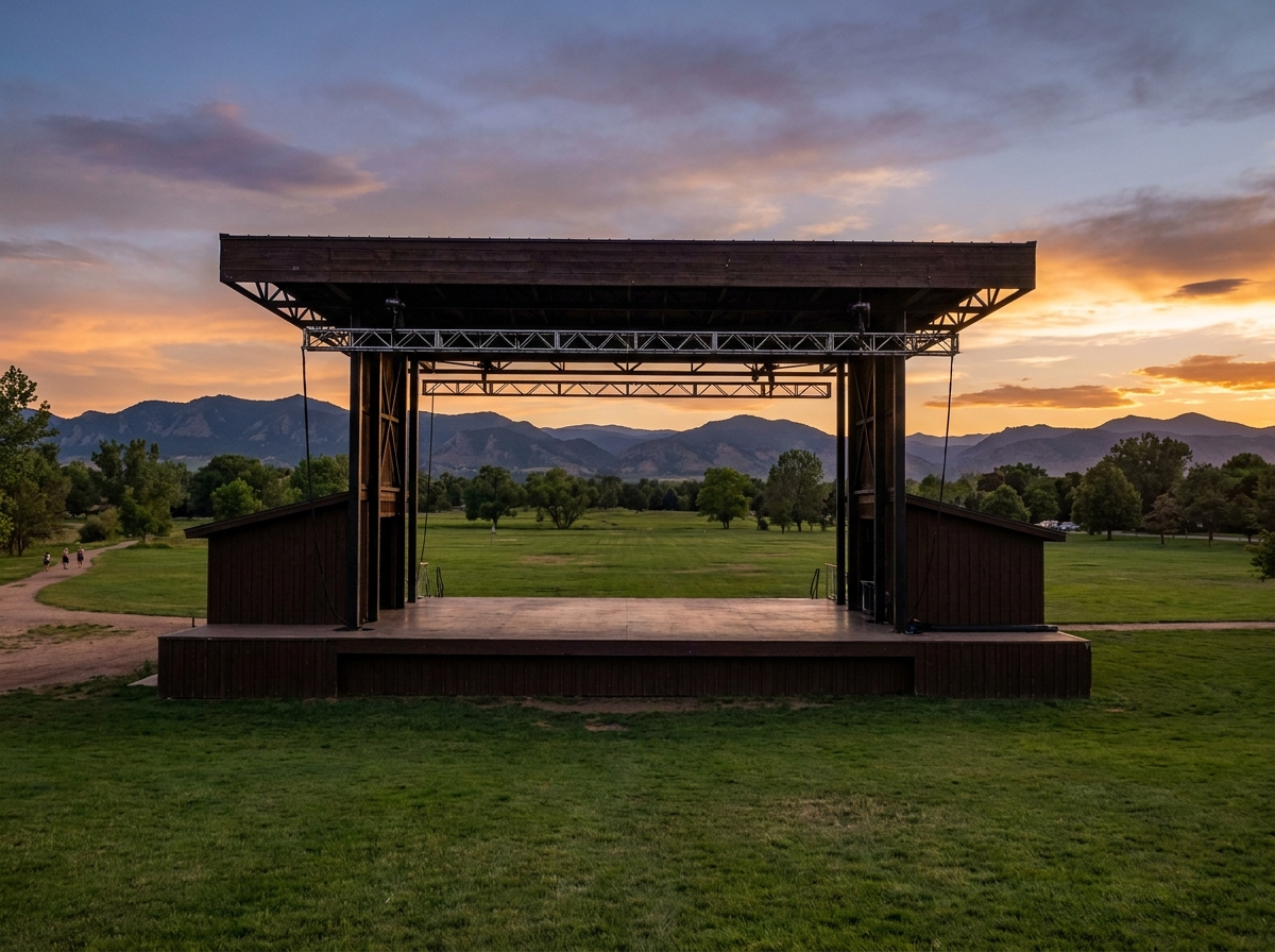 Outdoor festival stage prepared for an event in Fort Collins, CO.